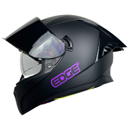 Casco Edge Integral Racer Solido Negro Logo Morado Mate